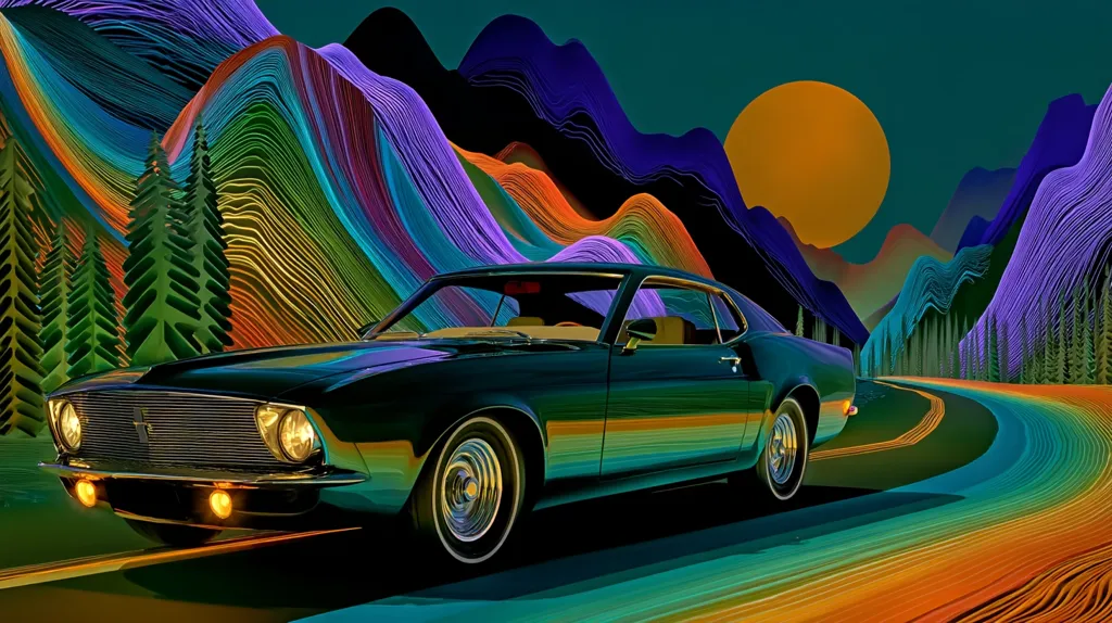 A dark green classic Mustang coupe cruises along a vibrant, curving road.  Surrounding the car is a surreal landscape of multicolored, wavy mountains and stylized evergreen trees.  A large, orange sun hangs in the sky, adding to the dreamlike, psychedelic atmosphere of the scene. The artwork is digitally rendered with a focus on bold colors and lines.