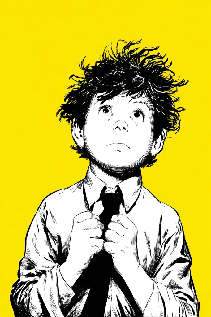 A stylized black and white illustration of a boy with unruly hair, dressed in a collared shirt and tie. He is looking upward, his hands adjusting his necktie. The background is a bright yellow, creating a stark contrast with the monochromatic figure. The boy's expression is one of wonder or contemplation, suggesting a sense of innocence and perhaps ambition.  The overall style is reminiscent of graphic novels or comic book art.