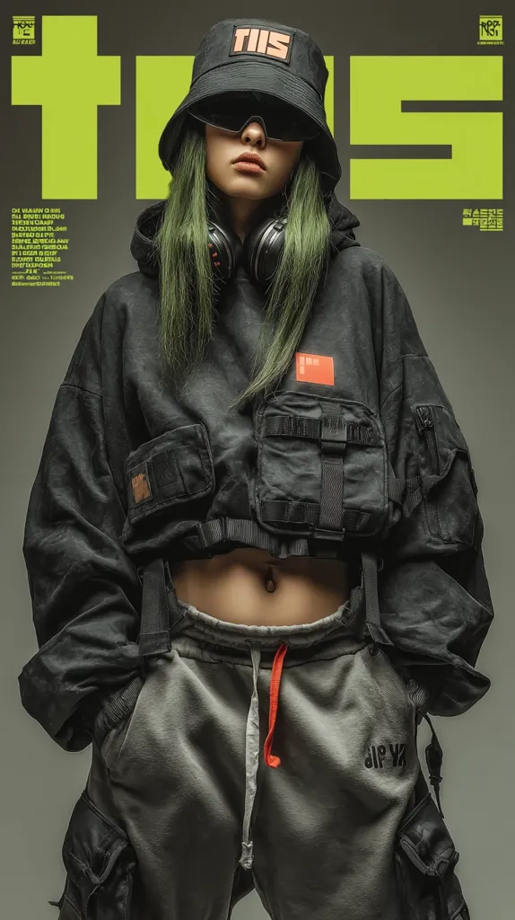 A young woman with vibrant green hair models stylish streetwear.  She wears an oversized black utility jacket with multiple pockets, a black bucket hat, and grey cargo pants.  Oversized headphones rest around her neck, and sunglasses complete the look.  The background features bold graphic typography in lime green and black.  The overall style is urban and edgy.