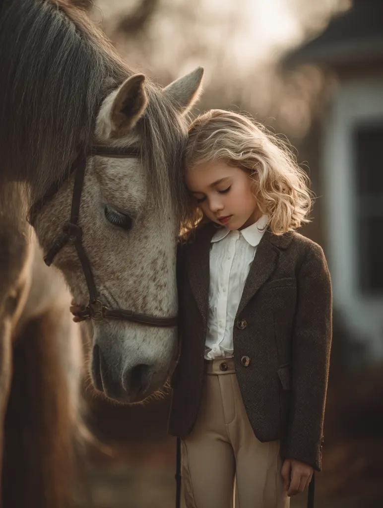 A young girl with blonde, curly hair rests her head against a gray horse.  She's dressed in a brown jacket and beige breeches, suggesting a connection to equestrian activities. The setting is outdoors, with a blurred background hinting at a rural landscape. The warm, golden light enhances the tender moment between the girl and the animal, creating a serene and heartwarming image.