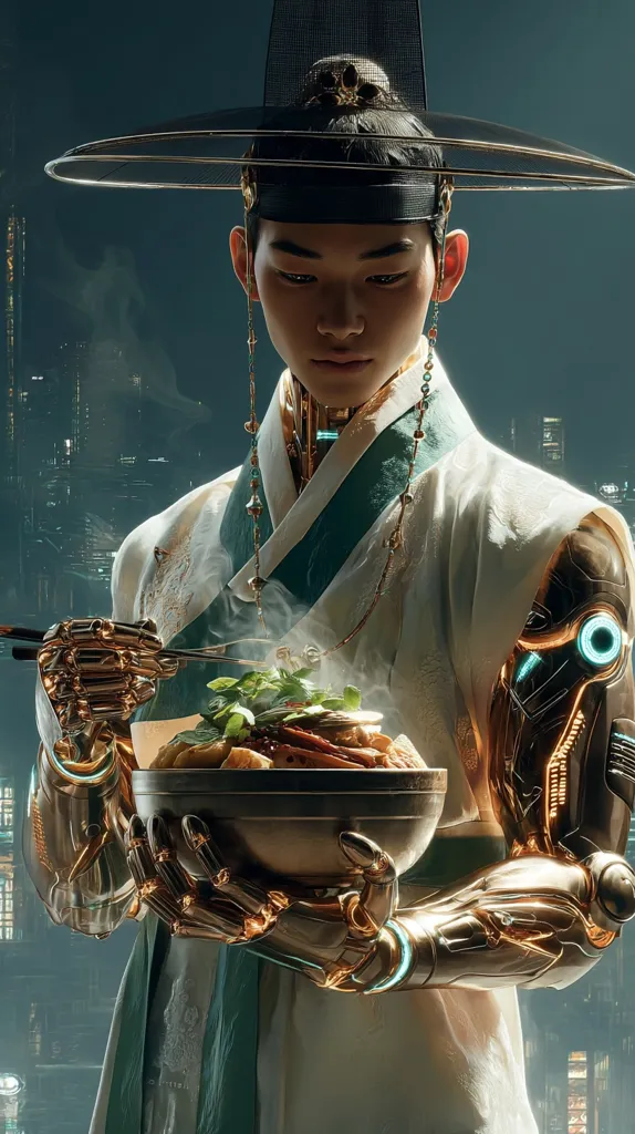 A futuristic cyborg, adorned in traditional Korean hanbok attire and a wide-brimmed hat, delicately holds a steaming bowl of food.  Their golden robotic arms contrast sharply with the elegant clothing, creating a striking blend of ancient and modern aesthetics. The backdrop hints at a vibrant, futuristic cityscape, adding to the surreal and captivating image.  The cyborg's expression is serene as they present the dish.