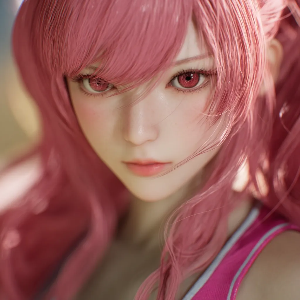 A close-up reveals a digital rendering of a young woman with vibrant pink hair, styled in loose waves.  Her large, expressive eyes, accentuated with pink highlights, and delicate features create a striking image.  She's wearing a pink athletic-style top, hinting at a sporty or active personality. The overall aesthetic is one of digital artistry with a focus on realistic rendering of hair and skin.