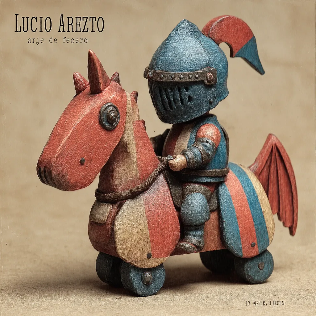 A charming miniature knight, clad in blue and red armor, sits astride a whimsical wooden horse. The horse, with its distressed paint and dragon-like wing, is a handcrafted creation. The knight's helmet is detailed, and his posture is poised. The artwork is attributed to Lucio Arezzo, and the image is signed by Ty Meier/Ileecin.  The piece evokes a sense of playful nostalgia.
