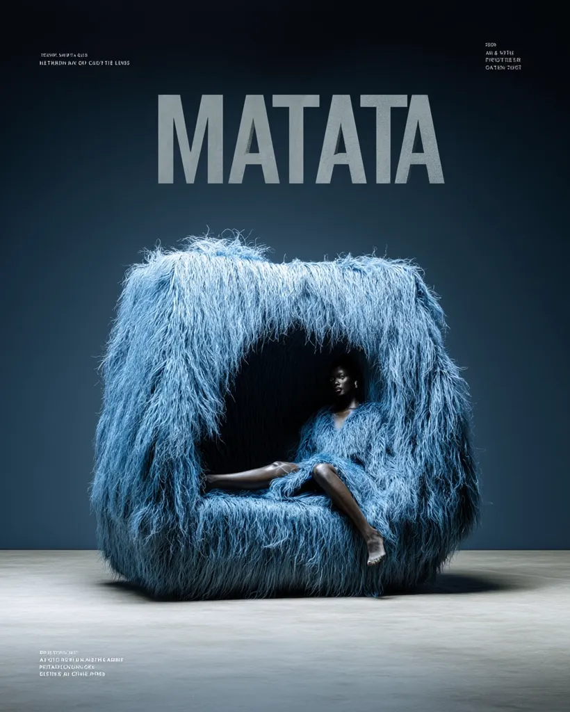A striking image for Matata magazine features a model reclining within a large, fluffy, blue, cube-shaped chair. The chair resembles a cocoon, completely enveloping the model.  The overall aesthetic is dark, moody, and luxurious, emphasizing texture and form.  The magazine title is prominently displayed above the scene.