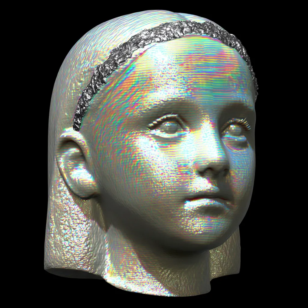 A 3D-rendered bust of a young girl's head, seemingly sculpted or digitally modeled.  The surface displays an iridescent, rainbow-like texture, giving a glittery effect. The girl wears a textured silver headband. The image is set against a stark black background, enhancing the model's shimmering detail and emphasizing the sculptural quality. The expression is serene, with a calm and slightly downcast gaze.