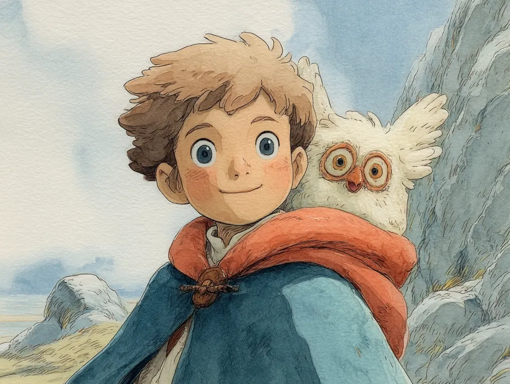 A watercolor-style illustration depicts a young boy with light brown hair and large, expressive eyes. He wears a blue cloak with an orange collar and carries a fluffy white owl perched on his shoulder.  The backdrop suggests a coastal landscape with rocks and a hazy sky, creating a serene and whimsical atmosphere. The boy's gentle expression and the owl's curious gaze evoke a sense of companionship and adventure.