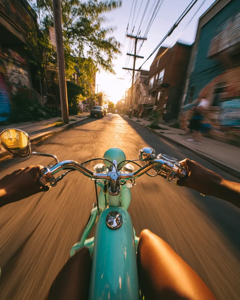 A person rides a light teal moped down a residential street at sunset.  The image is taken from a first-person perspective, emphasizing speed and the golden hour light. Buildings line the street, blurred by motion, while the moped's details are sharp.  The scene evokes a feeling of freedom and adventure.