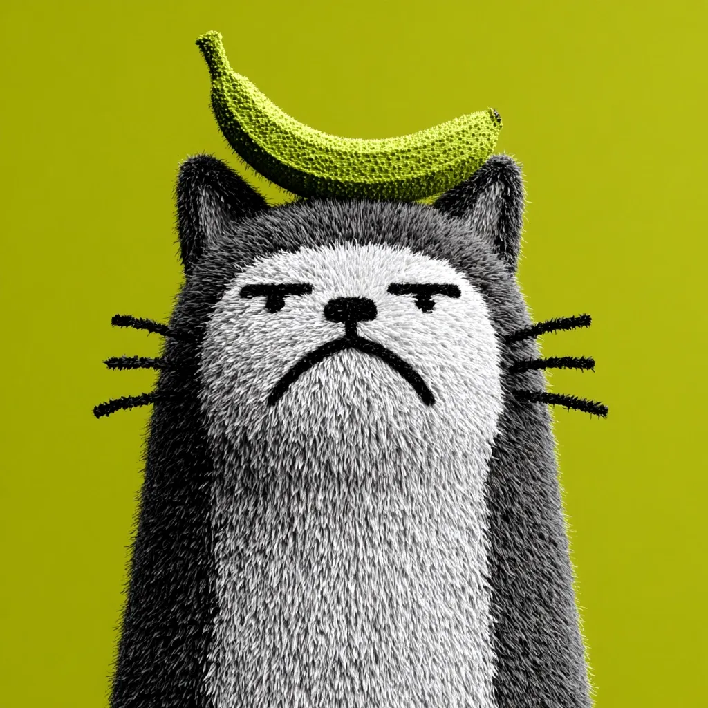 A grumpy-looking, furry, gray and white cat sits against a lime green background. A green banana sits atop its head.  The cat's expression is one of displeasure or annoyance. The image is stylized, possibly digitally rendered, with a focus on texture and color contrast.