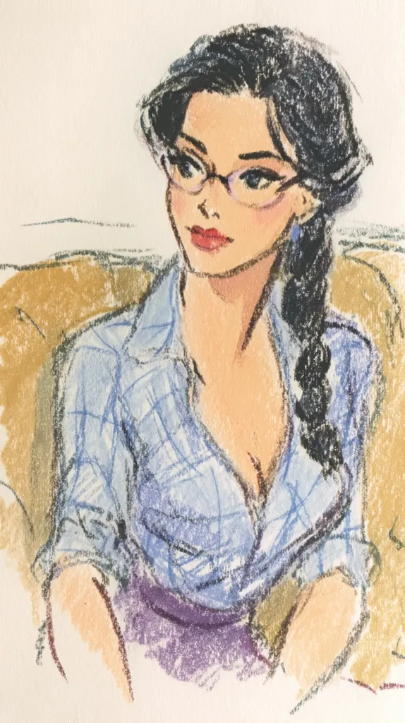 A pastel drawing depicts a woman with dark hair styled in a braid, wearing glasses and a light blue plaid shirt unbuttoned to reveal a hint of cleavage. She sits in a beige armchair, her posture relaxed, gazing slightly away from the viewer. The style is expressive, with visible brushstrokes and soft shading, emphasizing the woman's features and creating a sense of casual elegance.  Her expression is serene and slightly pensive.