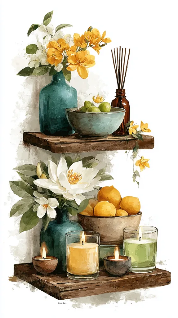 A watercolor painting depicts a tranquil scene of two wooden shelves.  The top shelf holds a teal vase with yellow and white flowers, a bowl of green citrus fruits, and a brown reed diffuser bottle.  The bottom shelf displays a teal vase with a large white flower and smaller white blooms, a bowl of oranges, and three lit candles in varying shades and sizes. The overall style is calm and serene, evoking a spa-like atmosphere.