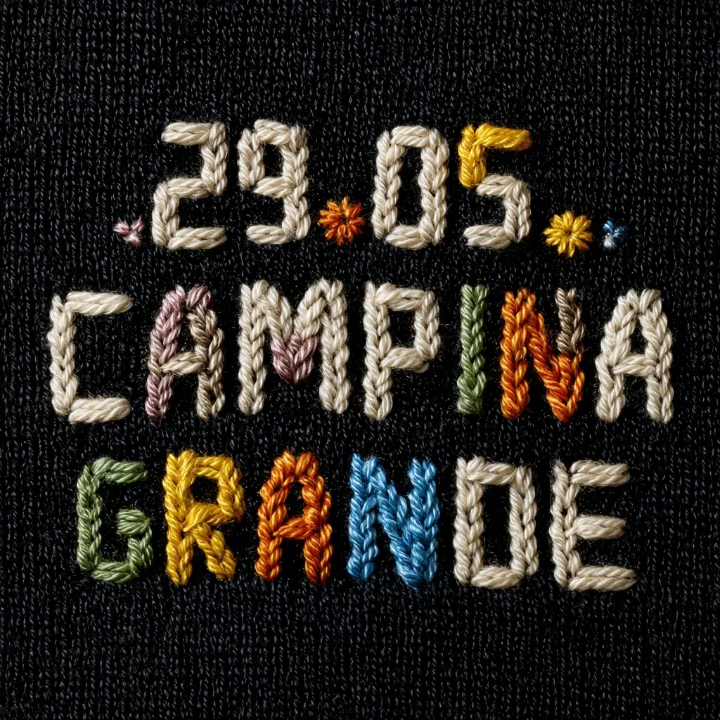 The image shows embroidered text on dark fabric.  The text reads "29.05. CAMPINA GRANDE," with the numbers and "CAMPINA GRANDE" stitched in various colored threads, primarily beige, creating a textured, handcrafted look.  The background is a dark knit fabric.