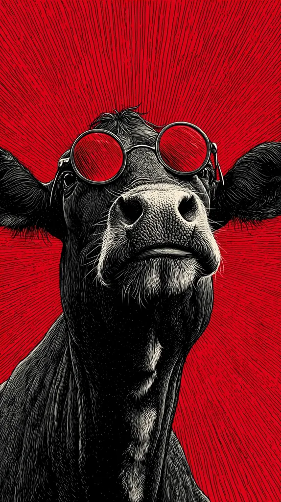 A close-up illustration of a black cow wearing large, round, red sunglasses.  The cow's expression is serious, almost stoic.  The background is a vibrant red with radiating lines, creating a dramatic, almost sunburst effect. The style is reminiscent of a woodcut or linocut print.