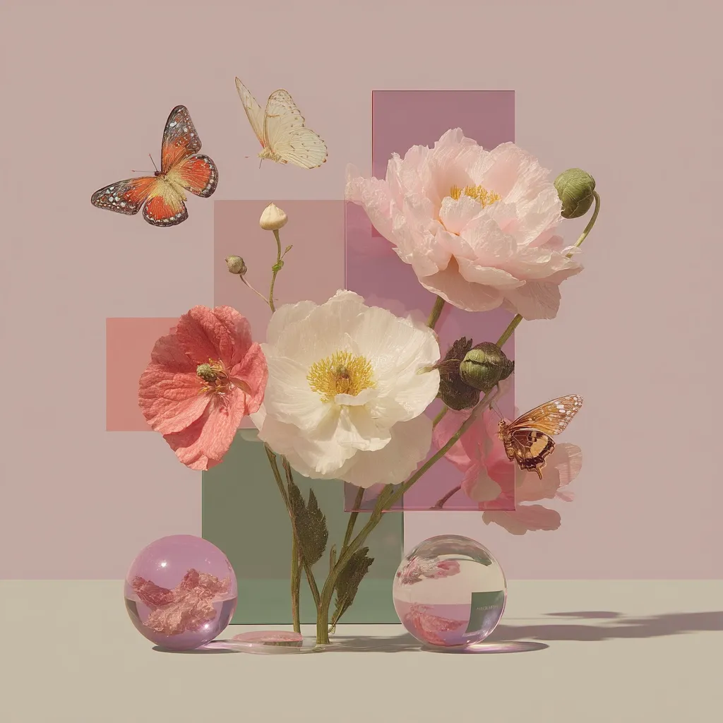 A delicate arrangement of pink and white poppies is the centerpiece of this pastel-toned still life.  Three butterflies, in shades of orange and white, flutter around the blooms.  The flowers are artfully positioned against geometric pastel shapes, and two glass orbs reflect the floral scene, adding to the dreamlike atmosphere.  The overall aesthetic is soft, romantic, and subtly surreal.