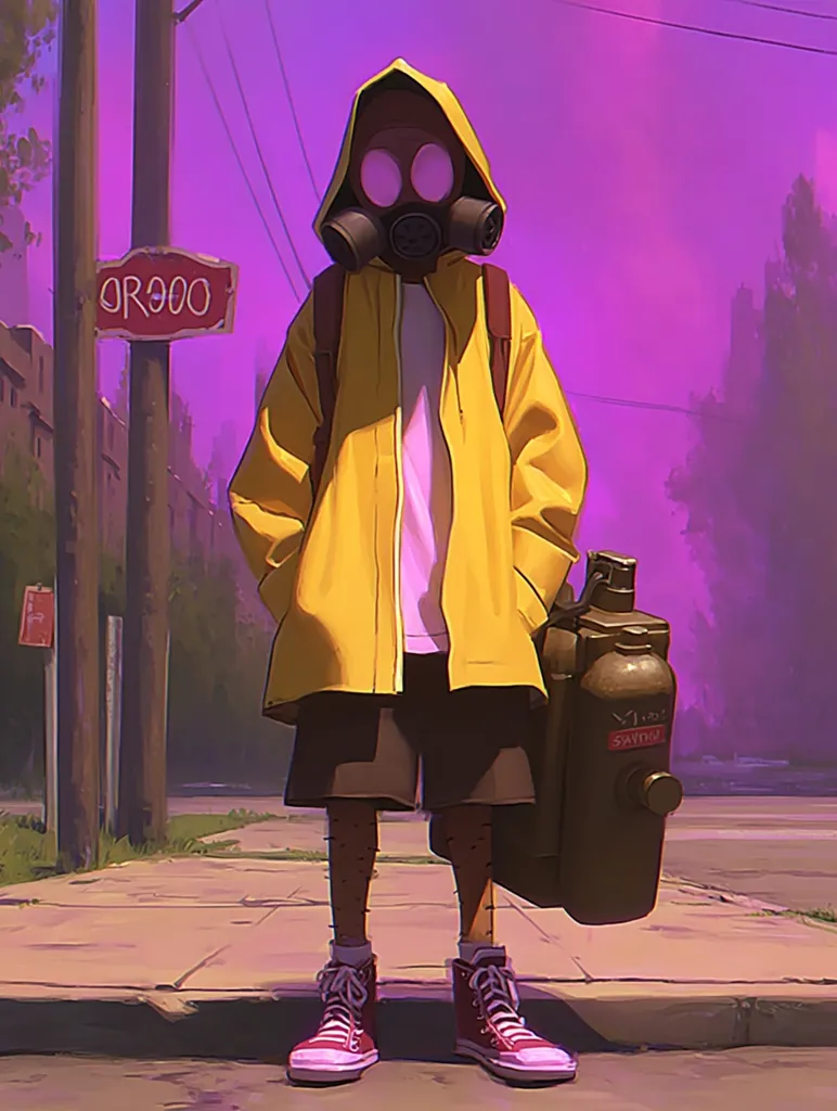 A stylized illustration depicts a young person in a yellow raincoat and gas mask, standing on a deserted street under a purple sky.  They carry a large, cylindrical canister.  The overall atmosphere is post-apocalyptic, with a muted color palette and a sense of loneliness. A street sign reading "OR000" is visible in the background.  The figure's attire suggests a need for protection, and the scene hints at a dystopian or hazardous environment.