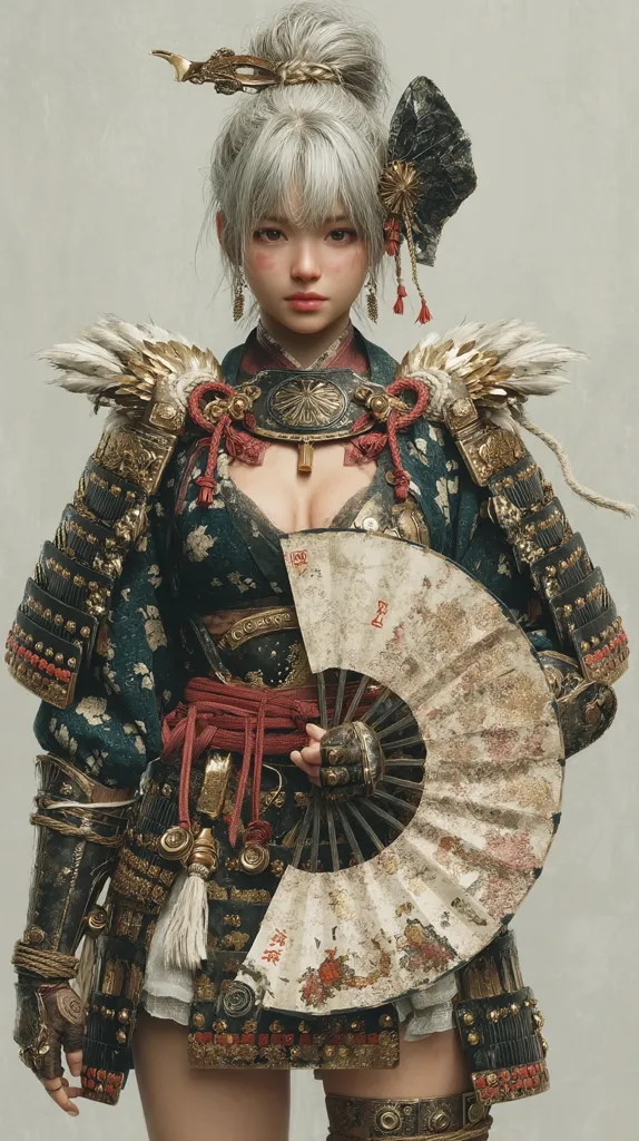 A female warrior, depicted in a digital painting, stands elegantly. She is adorned in intricately detailed samurai armor, a blend of dark hues and gold accents, complemented by a flowing kimono.  Her silver hair is styled in an updo, and she holds a weathered hand fan.  The overall aesthetic is a fusion of traditional Japanese elements and fantastical design.