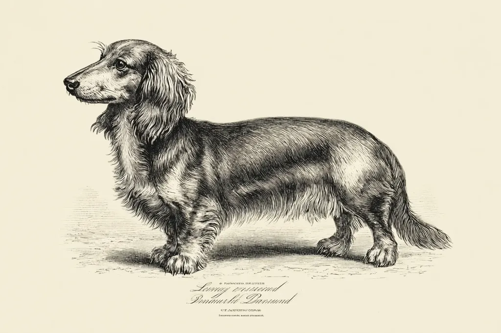 A black and white illustration of a long-haired dachshund, viewed in profile.  The dog is depicted standing, its body elongated and low to the ground. Its long, silky coat is detailed, and its expression is alert.  The image is labeled with the dog's name, "Longy, prized,  Pinnarthi Diamond," and the artist's information. The style suggests a vintage print, possibly from a canine breed book.