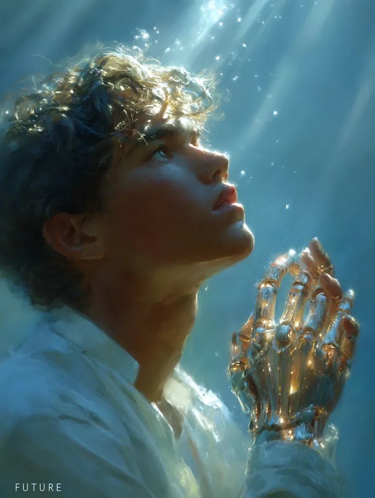 A young man with curly hair, wearing a light-colored shirt, gazes upwards with a serene expression.  His hands are clasped in prayer, one appearing to be a golden, mechanical prosthetic.  Subtle beams of light pierce the surrounding blue-tinged water, creating a dreamy, ethereal atmosphere. The overall mood is one of peaceful contemplation or hope.