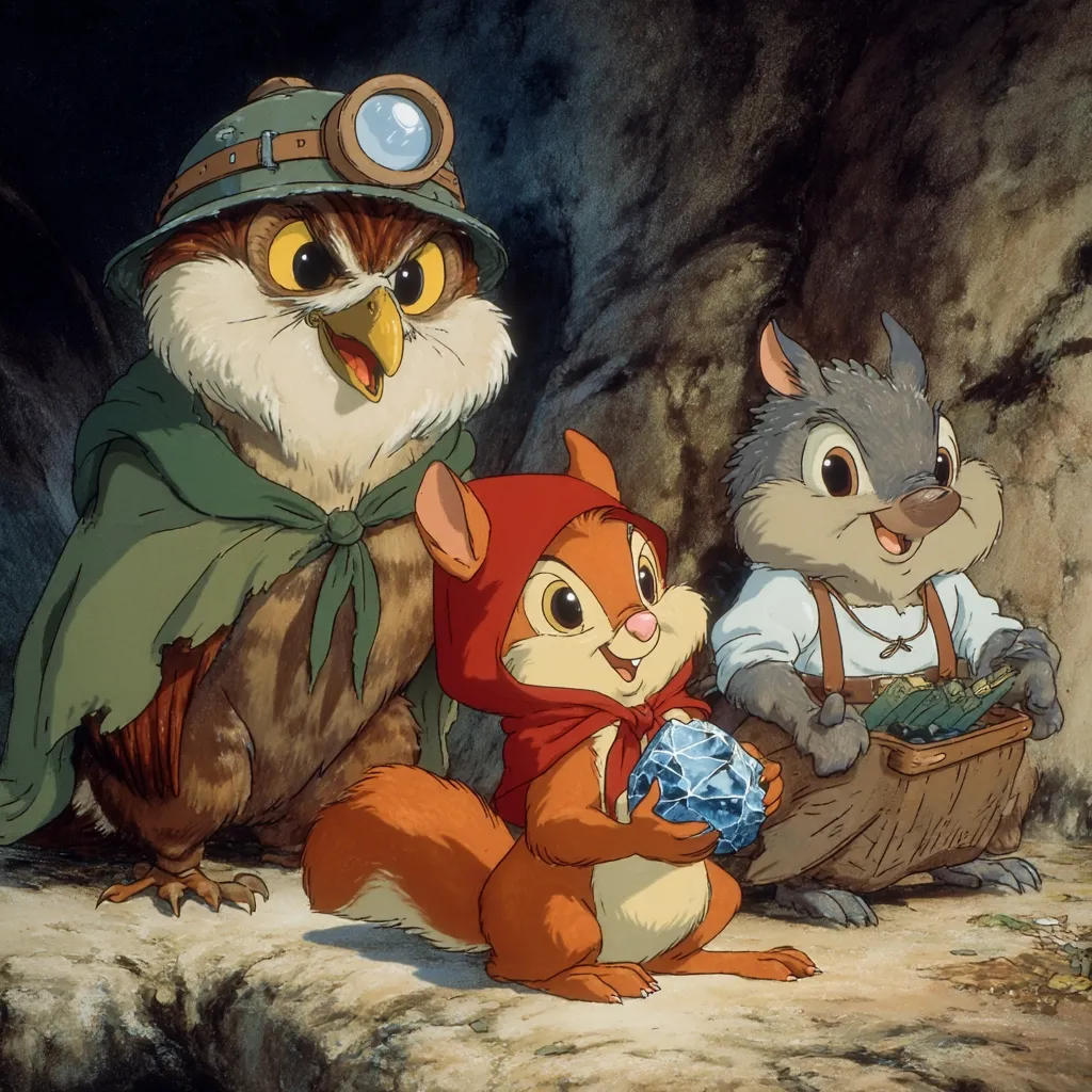A whimsical illustration depicts three anthropomorphic animals in a cave.  A large owl, wearing a miner's helmet and cloak, stands beside a red-hooded squirrel clutching a glowing blue gem. A grey chipmunk, carrying a basket of greenery, completes the scene. The artwork is reminiscent of classic animation, with soft colors and detailed textures. The overall mood is adventurous and charming.