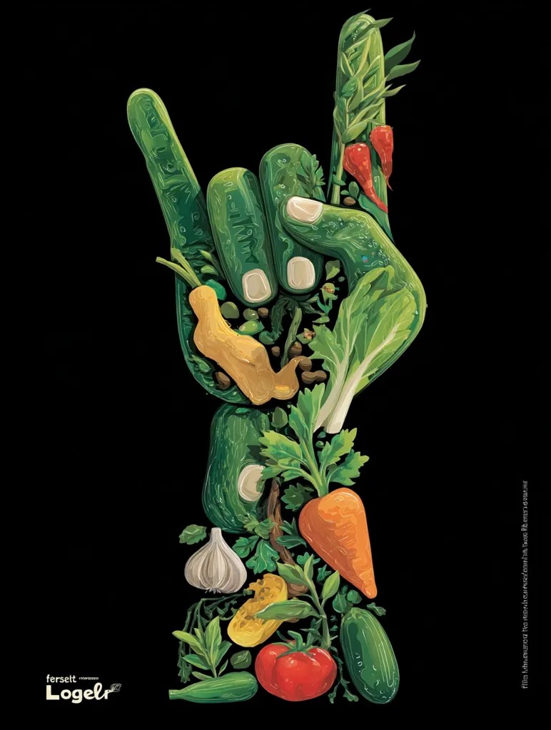 A vibrant illustration depicts a hand forming the "rock on" sign, crafted entirely from an assortment of fresh vegetables and herbs.  The hand's fingers are composed of leafy greens, while the palm features carrots, tomatoes, garlic, and other colorful produce. The dark background provides a stark contrast, highlighting the lively composition of healthy foods.  The image promotes a healthy and vibrant lifestyle.