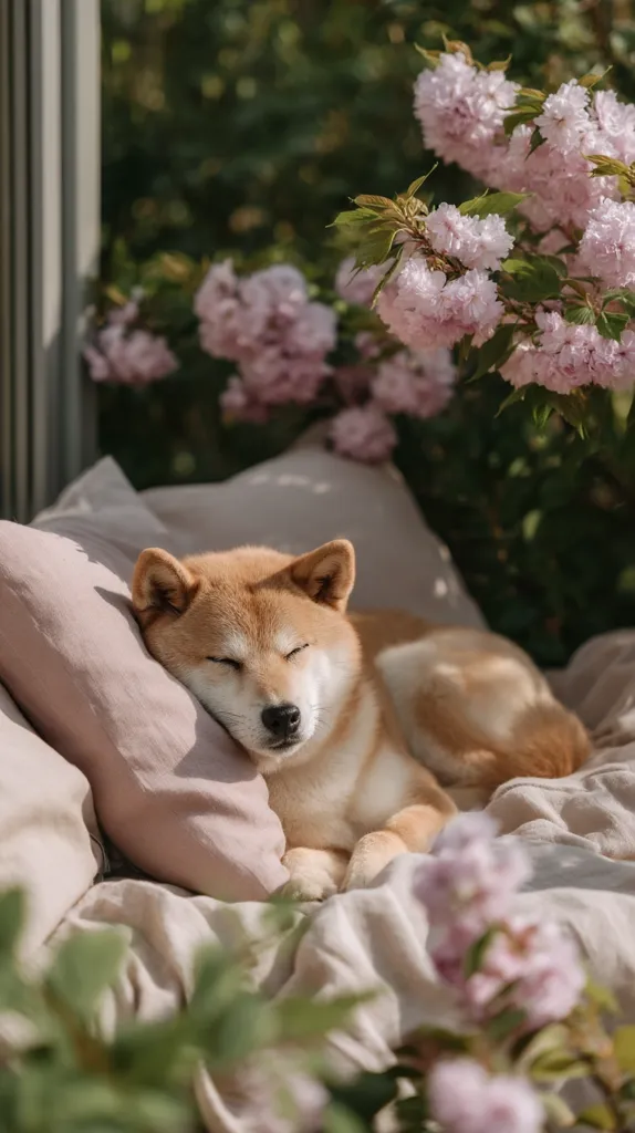 A Shiba Inu dog sleeps peacefully on a light beige linen bedding, nestled amongst pink flowering branches.  The dog is curled up, its head resting on a pillow, bathed in soft sunlight.  The scene is serene and evokes a sense of calm and tranquility, with the blossoms adding a touch of springtime beauty.
