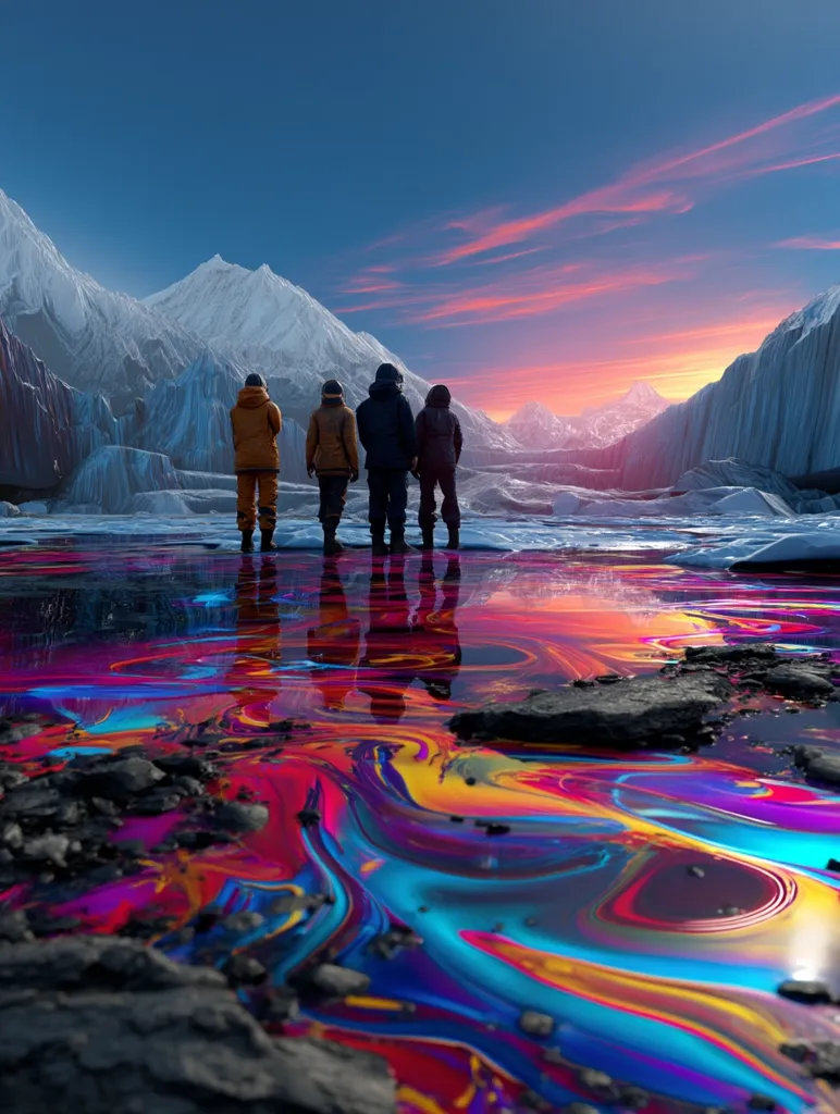 Four figures in winter jackets stand on a frozen lake, gazing at a breathtaking sunset over a snow-capped mountain range.  The lake's surface reflects the vibrant, surreal colors of an oil slick, creating a striking contrast between the cold landscape and the vivid, almost psychedelic, water.  The scene is dramatic and dreamlike.