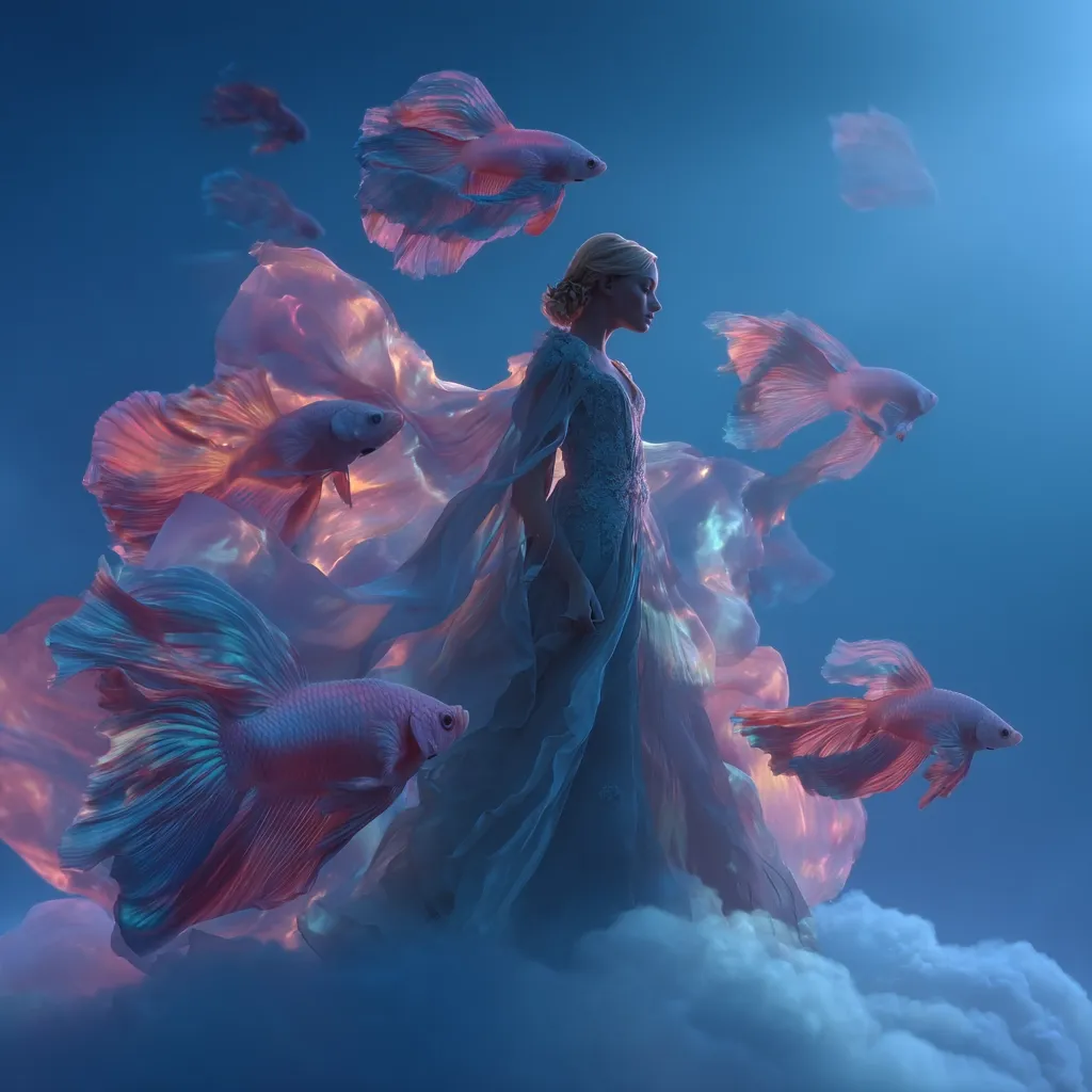 A woman in a flowing white gown stands amidst a dreamlike scene.  She is surrounded by several iridescent pink betta fish, their fins shimmering.  The fish appear to swim through a translucent veil or fabric that trails behind her, creating a surreal and ethereal atmosphere.  The background is a soft blue, suggesting a tranquil underwater or celestial setting. The overall effect is one of magical beauty and serenity.