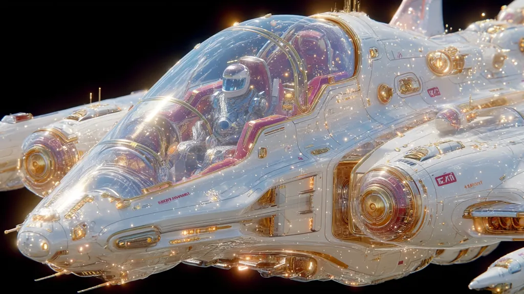 A detailed close-up of a futuristic spaceship, predominantly white with gold accents.  The cockpit is transparent, revealing a helmeted astronaut within.  The craft is adorned with intricate detailing and glowing particles, suggesting a sense of movement or energy.  Its design blends sleek lines with ornate embellishments, creating a visually striking image of advanced technology and elegance.