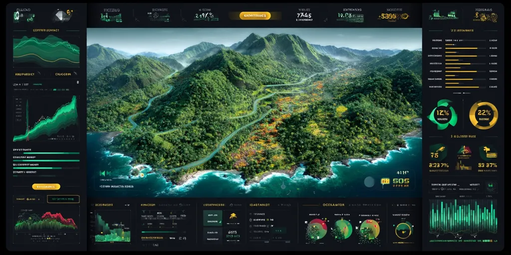 A digital dashboard displays real-time data overlaid on a lush aerial view of a tropical coastline.  The image shows a winding road through vibrant green mountains meeting a turquoise ocean.  The dashboard presents various charts and graphs, showcasing metrics related to biomagnification, copper, and other data points, suggesting environmental monitoring or resource management. The overall aesthetic is dark and sleek, employing a futuristic design.