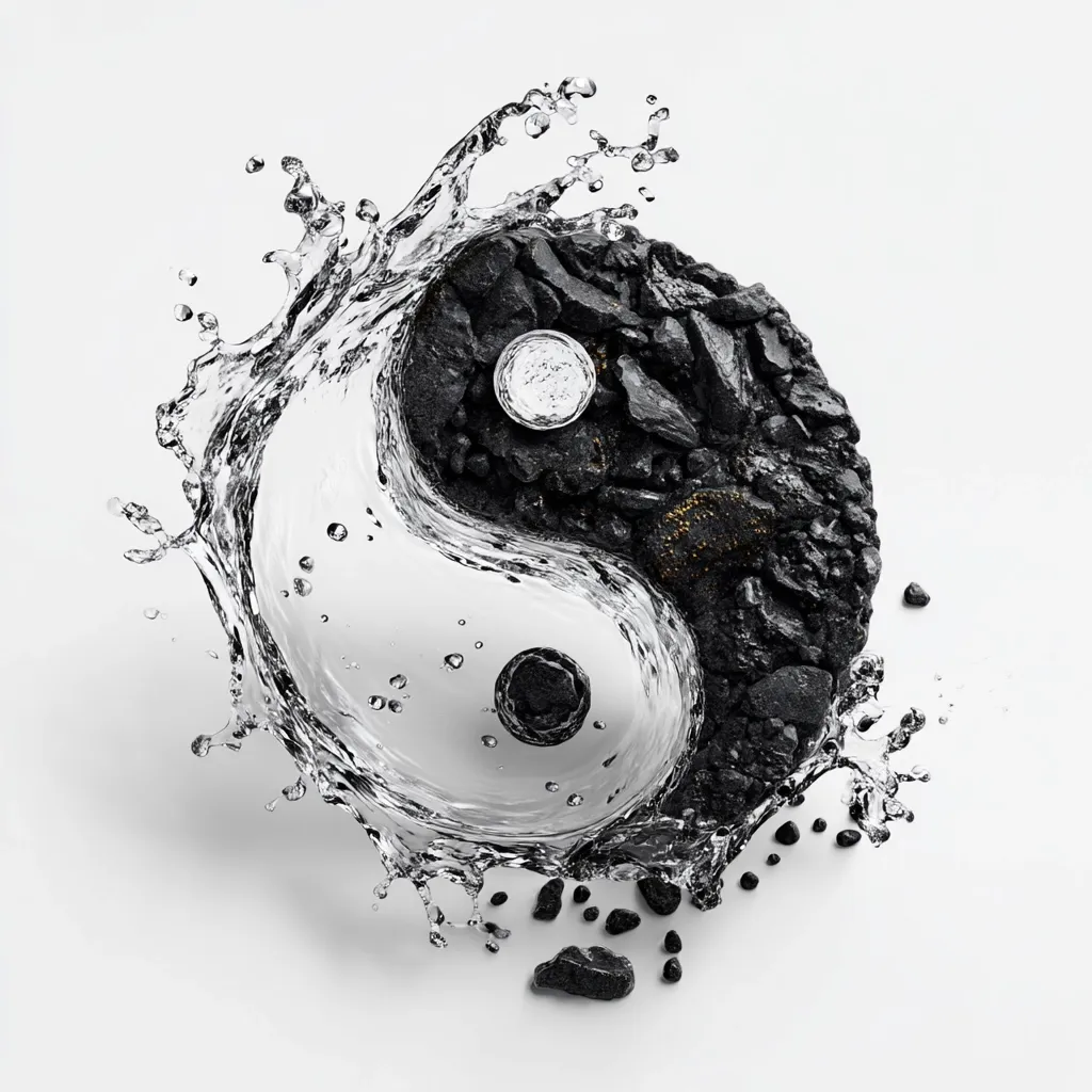 A yin and yang symbol is depicted, creatively formed using water and black stones.  The water, representing yin, splashes dynamically, contrasting sharply with the solid, dark stones of yang.  Small, smooth stones are nestled within each half of the symbol, completing the visual representation of opposing forces in perfect harmony.  The image is a striking juxtaposition of textures and elements.