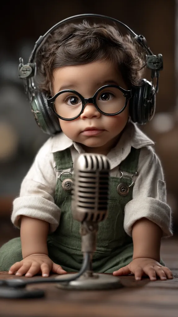 A cute baby, wearing oversized glasses and headphones, sits before a vintage microphone.  The baby's serious expression and attire create a humorous juxtaposition, suggesting a miniature radio personality. The dark, moody background enhances the overall whimsical and charming effect of the image. The child's hands rest gently on the wooden surface.