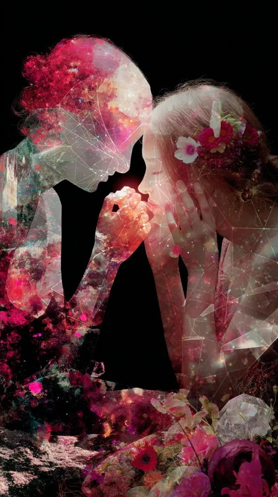 A surreal, double-exposure image depicts two women, their forms intertwined and partially transparent.  Vibrant pink and red hues dominate, resembling a cosmic nebula or galaxy.  Floral elements, including poppies and other blossoms, are layered onto the figures, blurring the line between human form and nature.  Their hands are clasped together, suggesting intimacy and connection, against a stark black background. The overall effect is ethereal and dreamlike.