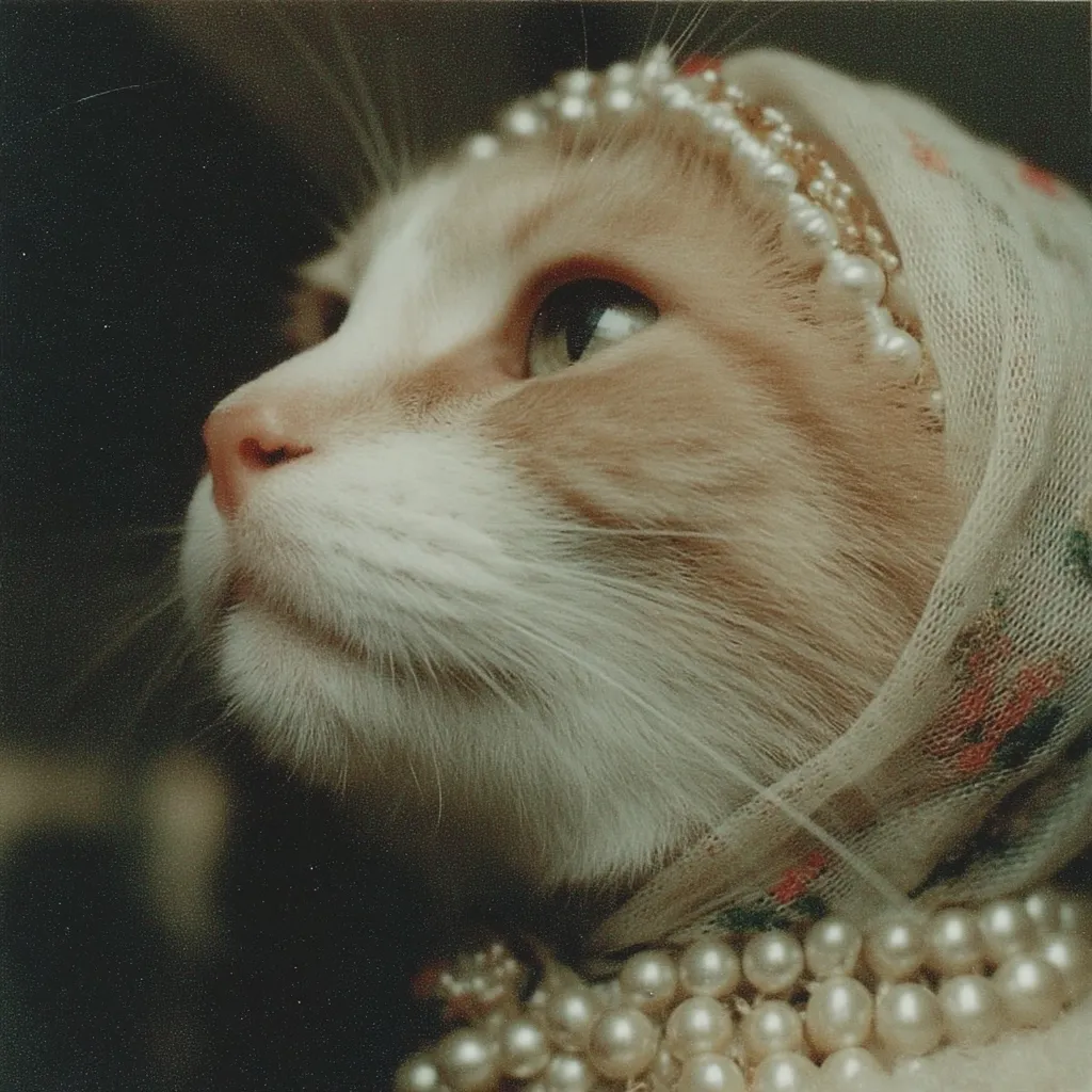 A ginger and white cat, adorned with a delicate floral scarf and a string of pearls, gazes serenely upward.  The pearls form a crown-like headband atop the cat's head, enhancing its regal appearance. The soft lighting and muted tones of the photograph create a timeless, almost nostalgic mood. The cat's expression is peaceful and contemplative.