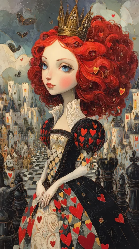 A captivating portrait of a stylized Queen of Hearts.  She wears a crown and a dress adorned with hearts, standing on a giant chessboard before a whimsical cityscape.  Her vibrant red hair and expressive eyes are striking against the muted background.  Butterflies flutter in the sky, adding to the fantastical atmosphere.  The artwork's texture and detail create a rich, dreamlike quality.