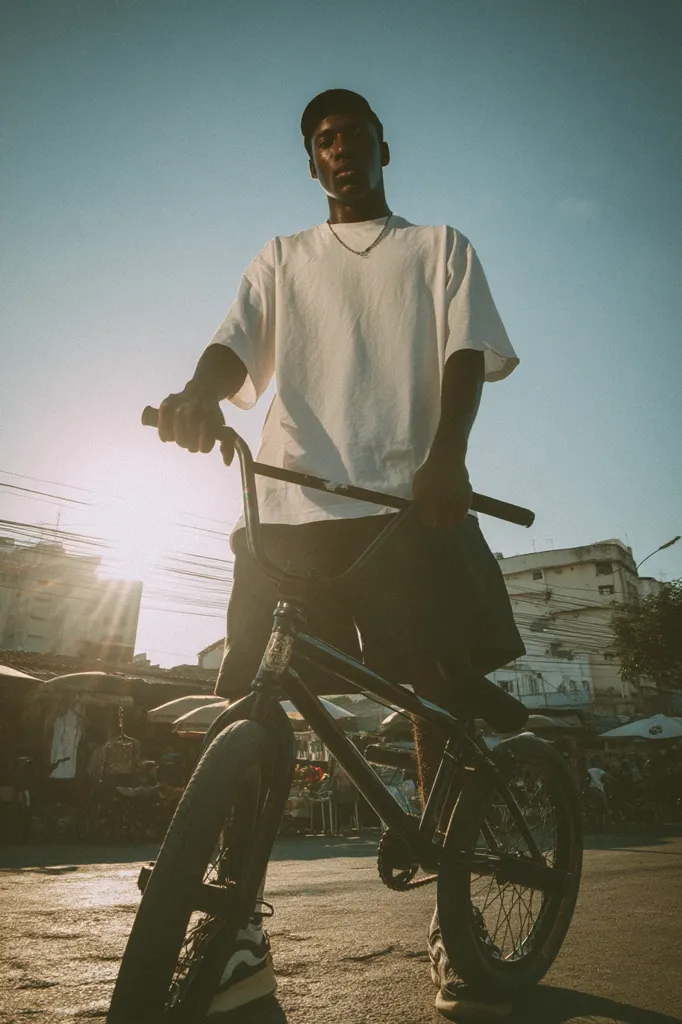 A young Black man stands astride his BMX bike, silhouetted against a bright, sun-drenched sky.  He wears a simple white t-shirt and dark shorts, his gaze directed upward. The setting appears to be a city street, with buildings and a market visible in the background. The overall image conveys a sense of urban coolness and relaxed confidence.