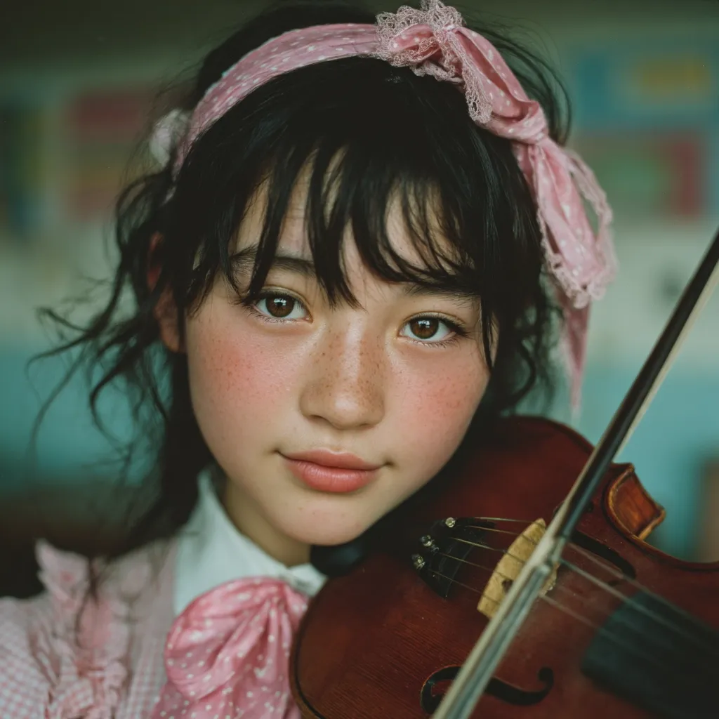 Close-up portrait of a young girl with rosy cheeks and freckles, wearing a pink polka-dot headband and matching bow.  Her dark hair frames her face, and her gaze is direct and engaging. She holds a violin, partially obscuring the lower half of her body. The overall aesthetic is soft, delicate, and slightly nostalgic.