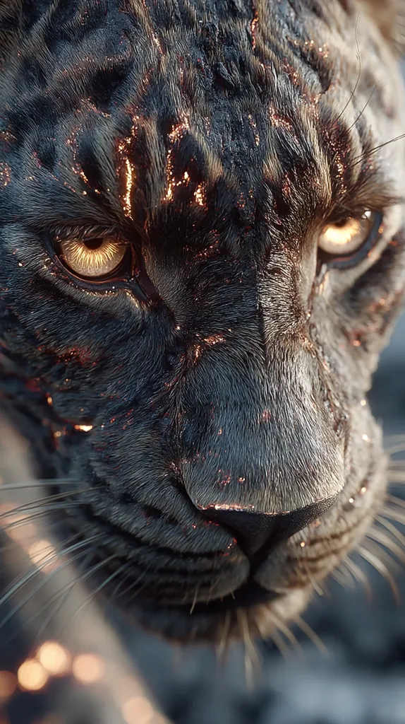 A close-up of a black jaguar's face, its fur seemingly infused with embers or glowing particles.  The animal's intense golden eyes are captivating, and its whiskers extend outward.  The image is sharply focused, highlighting the texture of the fur and the detail of the jaguar's features. The overall mood is one of power and mystery.