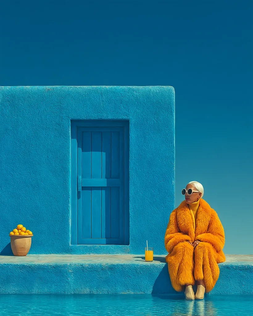 A woman in a vibrant orange fur coat sits on a bright blue wall beside a pool.  A bowl of lemons and a glass of orange juice sit nearby.  The minimalist scene features a striking blue building with a matching door, set against a clear blue sky. The overall aesthetic is bold and colorful, suggestive of a sunny, luxurious vacation.