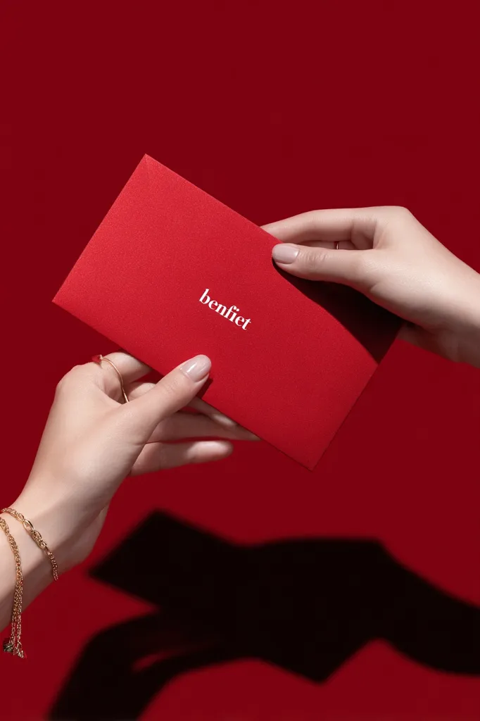 Two hands exchange a vibrant red envelope against a matching backdrop.  The envelope features the word "benefit" in a simple white sans-serif font.  One hand wears delicate gold bracelets. The image is minimalist and conveys a sense of gifting or celebration.  The deep red creates a dramatic and luxurious feel.