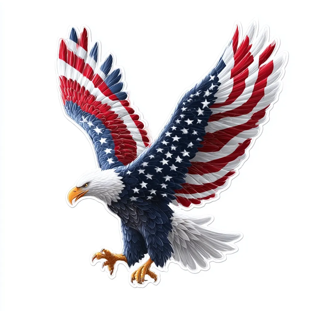 A bald eagle in flight, its wings adorned with the American flag's stars and stripes.  The eagle's plumage is a blend of the flag's colors, creating a powerful and patriotic image.  Its talons are extended, suggesting movement and freedom. The overall style is realistic with a touch of artistic license in the flag integration.