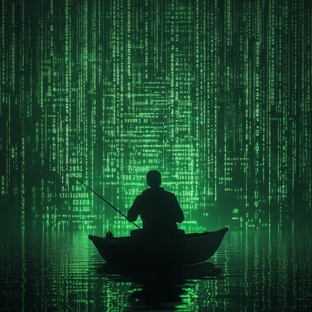 A silhouette of a person sits in a small boat, fishing rod in hand, against a backdrop of cascading green digital code resembling the Matrix. The scene is dark and mysterious, suggesting the concept of phishing or cybercrime within a digital landscape. The reflection of the boat ripples on the calm, dark water.