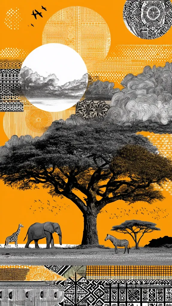 A vibrant collage depicts an African savanna scene against a bold orange background.  Black and white stylized animals—an elephant, giraffe, and zebra—graze under an acacia tree.  Geometric patterns and textured clouds in monochrome add depth, layered with circular elements reminiscent of sun and moon.  The overall effect is a dynamic and artistic representation of the African landscape.