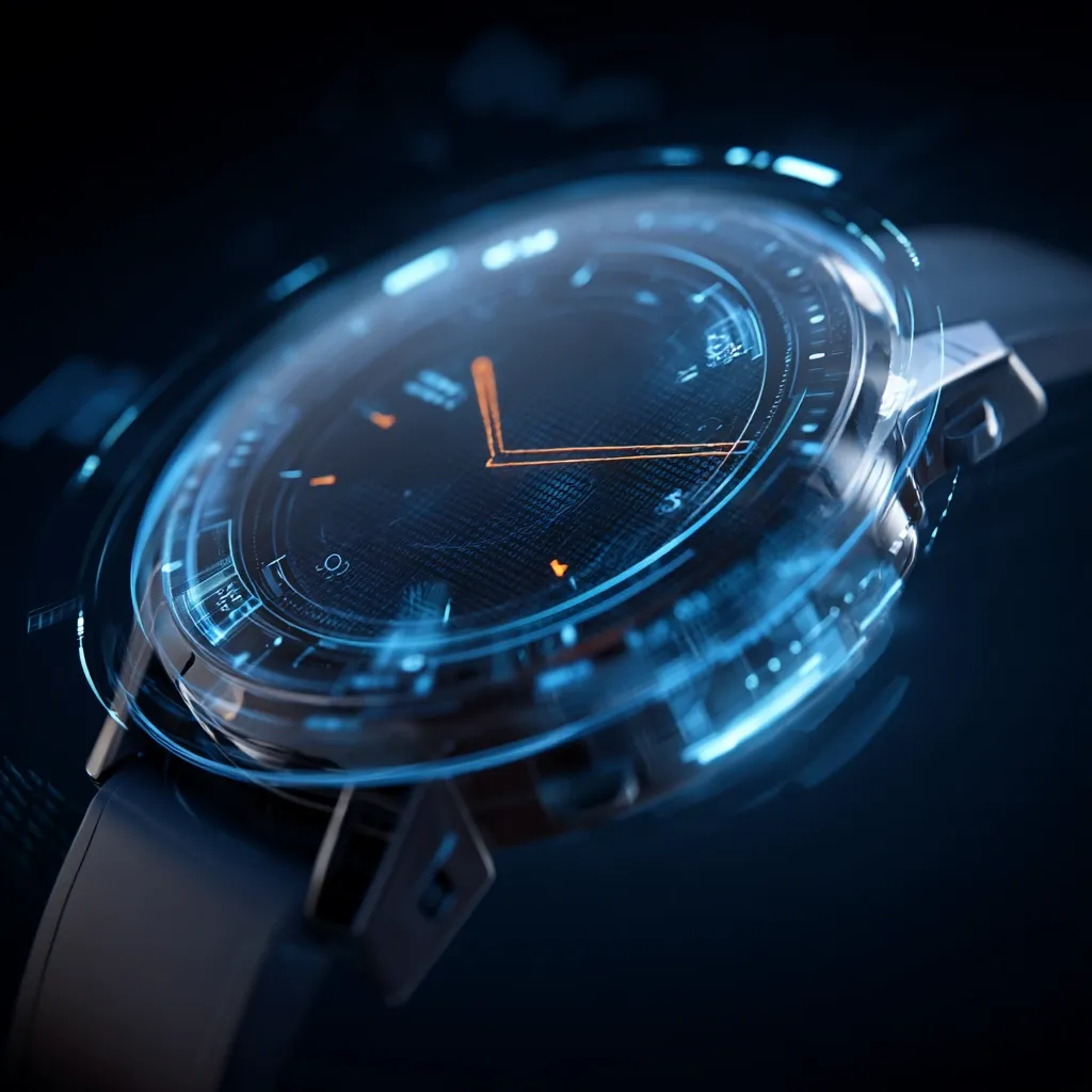A close-up showcases a futuristic smartwatch.  Its face features a sleek, dark design with vibrant, glowing blue and orange accents outlining a digital clock display.  The watchband appears dark and subtly textured, contrasting with the high-tech, almost holographic elements of the watch face. The overall aesthetic is sleek, modern, and technologically advanced.