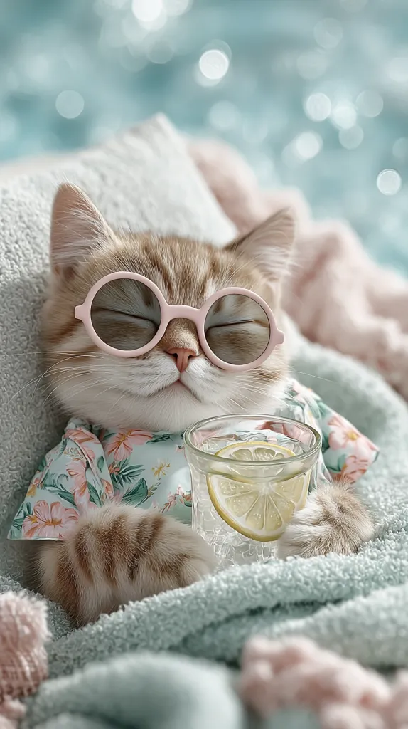 A cute cat, wearing pink sunglasses and a floral shirt, lounges comfortably on a soft, teal blanket.  It peacefully holds a glass of ice water with lemon, its eyes closed in relaxation.  The background is a blurred, light blue bokeh, enhancing the serene and summery mood.