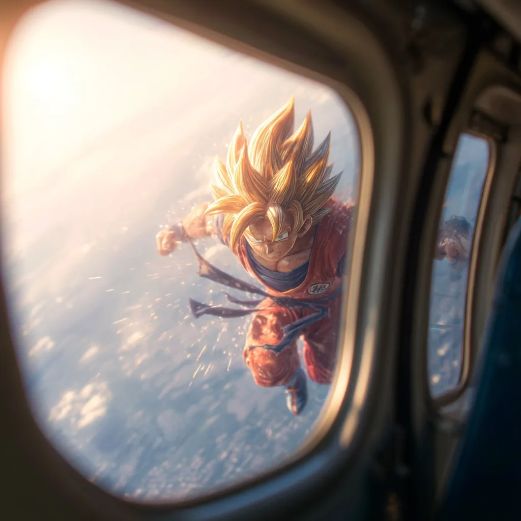 A dynamic image shows Son Goku, the iconic Dragon Ball Z character, plummeting earthward through a plane window.  His spiky blonde hair streams behind him as he descends, his orange gi billowing slightly.  The view outside depicts a sprawling landscape beneath a bright, sunlit sky, suggesting immense speed and height. The contrast between the fantastical figure and the mundane airplane setting creates a striking visual.