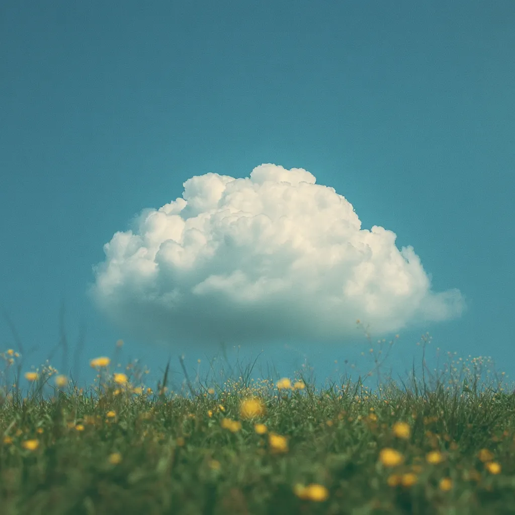 A large, fluffy cumulus cloud dominates a clear, vibrant blue sky.  Below, a field of wildflowers, predominantly yellow, stretches across the foreground, creating a serene and idyllic landscape. The image evokes a feeling of peace and tranquility, emphasizing the contrast between the vast sky and the grounded wildflowers.