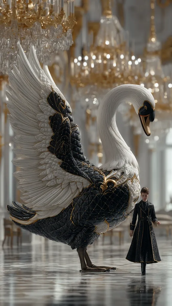 A large, ornate swan sculpture, predominantly black and white with gold accents, stands in an opulent palace hall. Its wings are spread majestically.  A small figure in a dark coat stands beside it, emphasizing the sculpture's immense size. The setting is grand, with crystal chandeliers shimmering in the background. The overall aesthetic is one of fantasy and elegance.