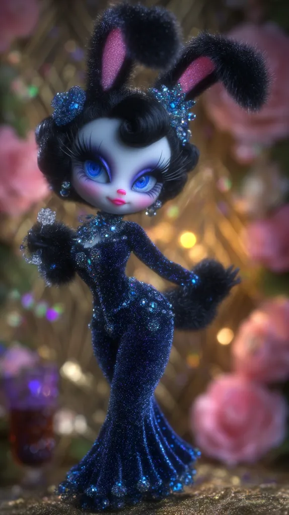 A glamorous, stylized bunny doll, adorned in a sparkling blue gown and black bunny ears, is captured in a close-up shot.  Her large, expressive eyes and meticulously detailed features are striking. The backdrop features soft, out-of-focus rose blossoms and warm, bokeh lighting, creating a dreamy, whimsical atmosphere.  The doll's pose suggests elegance and poise.