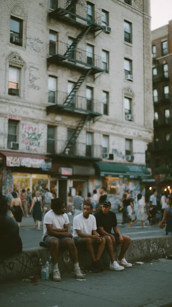 Three young men, dressed in casual white and black t-shirts, sit on a low concrete wall on a city street.  The background features a multi-story brick building with fire escapes and graffiti.  Other people are visible in the blurred background, suggesting a busy urban scene, possibly a street fair or neighborhood gathering.  The overall mood is relaxed and urban.