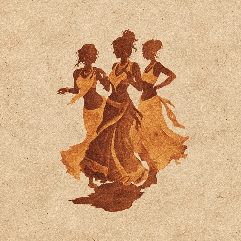 Three stylized silhouettes of women in flowing dresses dance gracefully.  Their dark forms are rendered in warm brown hues against a textured beige background, suggesting a watercolor or sepia tone.  The dancers' attire and poses evoke a sense of African or Middle Eastern cultural influence, creating a visually compelling and evocative image.  The overall effect is one of movement, rhythm, and cultural richness.
