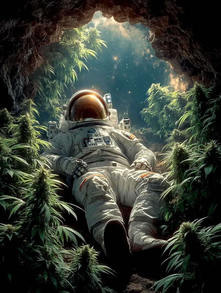 An astronaut in a white spacesuit rests amidst a lush growth of cannabis plants within a cave.  The cave's opening reveals a starry expanse beyond. The scene is surreal and dreamlike, blending elements of space exploration and a cannabis-filled landscape.  The astronaut's relaxed posture suggests tranquility and perhaps a sense of escape.